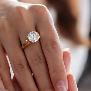 3.5ct Old Mine Cut Lab Grown Diamond 18K Solid Yellow Gold Ring for Women Luxury Half Bezel <b>Statement</b> Solitaire Engagement Ring - Product Image 1