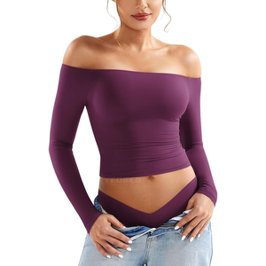 <b>Women</b> Off-The-Shoulder <b>Long</b> Sleeve Crop <b>Top</b> Solid Color Ruched Seamless Stretchy Yoga <b>Top</b> - Product Image 6
