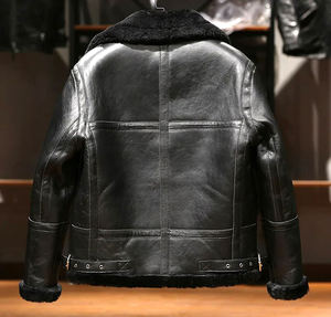 Nouvelle veste de motard en cuir véritable noir pour homme avec doublure en sherpa, fermeture éclair, col rabattable, style moto d'hiver - Product Image 2