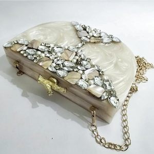 resin finish product all itams <b>crate</b> me Bags & Luggage Clutches ClutchesAcrylic White Golden Resin gums Clutch with crossbody - Product Image 5