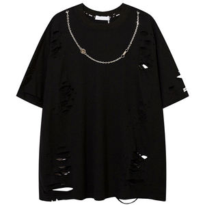 เสื้อยืดฮิปฮอปผู้ชายแบบขายส่ง สั่งทำได้ ทรงใหญ่ ขาดๆ แบบดิสเทรส คุณภาพสูง เสื้อยืดแขนสั้นลำลองสำหรับผู้ชาย - Product Image 1