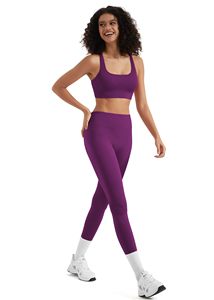 Conjunto de Yoga de 2 Piezas Color Morado, Top Corto Acanalado de Cintura Alta, Leggings Largos, Espalda Cruzada, Ropa Deportiva sin Costuras para Mujer - Product Image 5