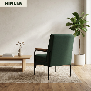 Fauteuil rembourré une place de style Mid-Century Modern avec accoudoirs à rail en tissu capitonné et structure métallique verte pour salon - Product Image 5