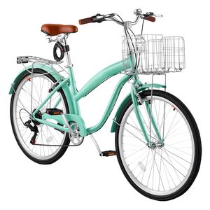Vélo de plage pour femmes de 26 pouces, 7 vitesses, vélo de ville pour adultes avec cadre en acier au carbone, capacité de 330 lb, panier et porte-bagages arrière - Product Image 1