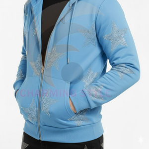 Top Fashion High Quality 100% Cotton <b>Fleece</b> Casual Pullover Hoodie Winter Solid Custom Logo Shiny Diamond Rhinestone <b>Zipper</b> - Product Image 5