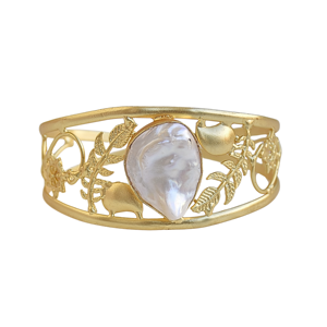 Bracelet en laiton plaqué or 24 carats et rhodium avec perle d'eau douce baroque, motif feuille et design constellation serti clos, classique pour anniversaire - Product Image 4