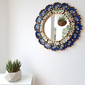 Decorative Blue Floral Shape Edge Round Mirror With Glass Panel <b>Frame</b> Ideal For Home Styling And Festive Gifting Use From India - Product Image 6