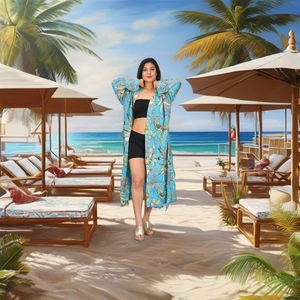 Peignoir Kimono en Coton à Col en V Imprimé Floral Turquoise Élégant pour Femme – Doux, Léger et Respirant pour Piscine, Plage et Détente à Domicile - Product Image 1