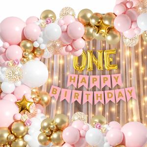 Kit de Décoration Joyeux Anniversaire ONE - Pack Combo 58 Pièces Rose Or Blanc avec Guirlande Lumineuse en Aluminium - Product Image 1
