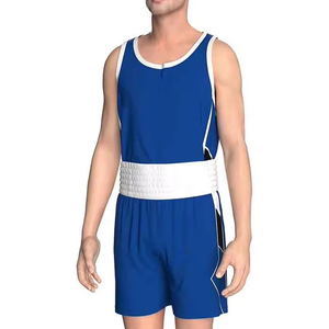 Uniforme de boxeo de alta calidad a precio económico, top azul sin mangas con pantalones cortos a juego, conjunto de boxeo 100% poliéster. - Product Image 1