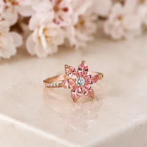 Elegant Pink Flower <b>Ring</b> for Women Gold Plated <b>Crystal</b> Floral <b>Ring</b> Adjustable Fashion Jewelry Gift for Her - Product Image 4