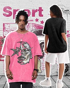 Camiseta rosa oversize de manga corta con estampado metálico y de estrellas, diseño streetwear, cuello redondo, jersey de algodón, camiseta para hombre - Product Image 4