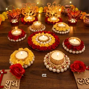 Handmade <b>Red</b> Yellow Floral Pearl Tealight <b>Candle</b> Holder Pack with Rangoli Plate for Diwali Wedding Festival Pooja Home Decor - Product Image 5