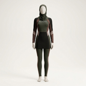 Women Modest Burkinis Swimwear Color Blocking Stand Collar Full Coverage Stretch Knitted 2 Piece Set Hooded Design - Product Image 1