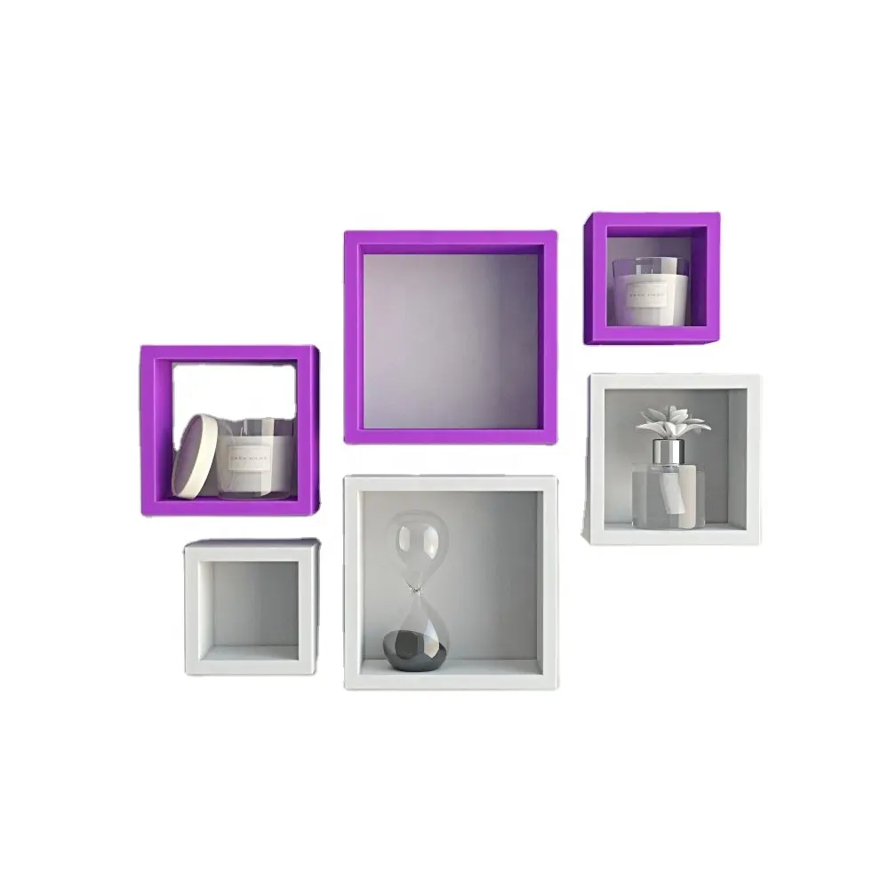 Designer Handmade Nesting Square Wall Shelves Book Shelf Floating Shelves For Her Office Room Purple and White Color Set Of 6