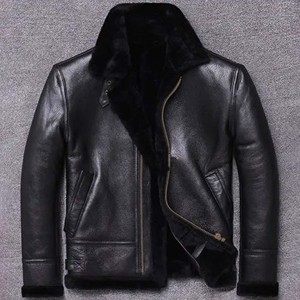 Blouson de motard en cuir noir pour homme avec col en fourrure ton sur ton, manteau d'hiver en peau de mouton véritable, doublure polaire chaude, vêtement d'extérieur décontracté - Product Image 1