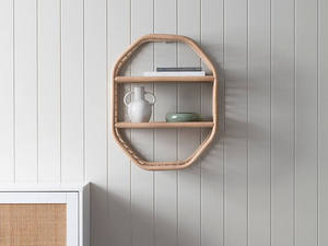 Modern Geometric Rattan wall-mounted shelf Octagon Bamboo Floating Shelf 2-Tier Living Room Hanging <b>Ceramic</b> <b>Vase</b> Storage Rack - Product Image 2