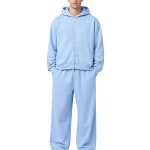 Men's Light Blue Hooded Tracksuit Full Zipper Sweatshirt <b>Jogger</b> <b>Set</b> Casual Loose Fit Solid Color Cotton Autumn Wear - Product Image 5