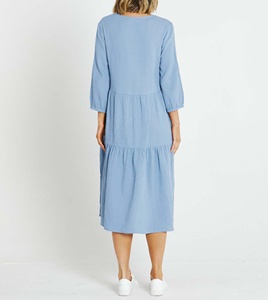 Women's Solid Color V-Neck Midi Dress <b>Three</b> Quarter Sleeve Loose Fit With Pockets Casual Summer Dress - Product Image 2