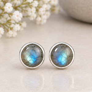 Labradorite <b>Silver</b> <b>Stud</b> <b>Earrings</b>, Natural Labradorite Gemstone <b>Earrings</b>, 925 <b>Sterling</b> <b>Silver</b> Round <b>Studs</b>, - Product Image 2