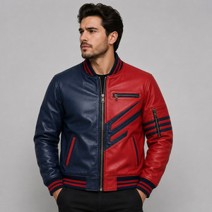 Blouson Bomber en Cuir PU pour Homme, Style Moto Biker, Col Revers, Fermeture Éclair, Rouge Bleu Marine - Product Image 1
