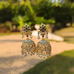 18K Gold Plated Pearl and Quartz Stud Earrings-Geometric Religious Jhumkis for Party - Product Image 2