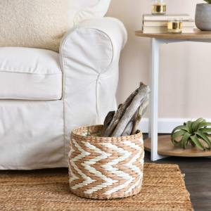 Round <b>basket</b> water hyacinth in natural color with <b>white</b> accents Handmade <b>Storage</b> <b>Basket</b> Wholesale eco-friendly Made in Vietnam - Product Image 2