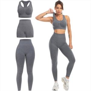 Women's Yoga Set Racerback Crop Top High <b>Waist</b> <b>Leggings</b> Solid Gray Spandex Polyester Four-Way Stretch Seamless Design - Product Image 1