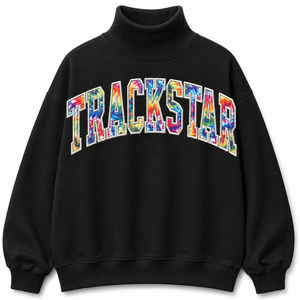 Trackstar Black Mock Neck Sweatshirt with <b>Rainbow</b> Swirl Letter Design Long Sleeve Pullover for Custom Wholesale Clothing - Product Image 1
