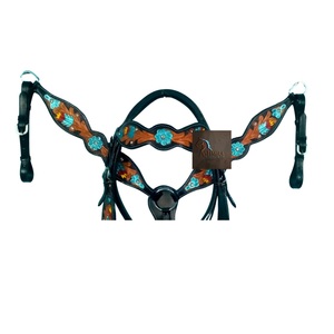 Black <b>Leather</b> Horse Headstall & Breast Collar Set Turquoise Floral Hand Painted Tooled Western Tack Gear - Product Image 2