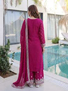 Conjunto de traje indio pakistaní de georgette rosa bordado con salwar kameez y dupatta, atuendo para bodas y fiestas para mujer, ropa étnica. - Product Image 4