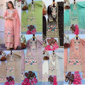 Conjunto de Kurta y Palazzo para Mujer, Festivo, de Seda Chinon Pesada, Sin Arrugas, Elástico, con Bordado y Lentejuelas, para Todas las Temporadas - Product Image 5