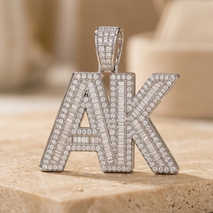 Real Sparkle Lab Iced Baguette & Round Diamond Round Cut <b>Initial</b> AK Letter S925 Sterling <b>Silver</b> <b>Pendant</b> - Product Image 3