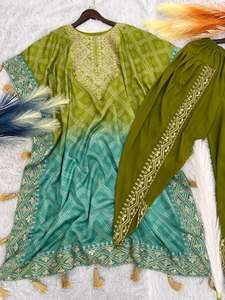 Designer Digital <b>Printed</b> And Embroidery Work Chinon Silk Kaftan With Butter Silk Stitched Dhoti Set - Product Image 6