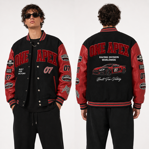 Chaqueta Varsity de Cuero para Hombre One Apex, Diseño con Parches Bordados Rojos y Negros, Estilo Urbano Universitario, Chaqueta Bomber - Product Image 1