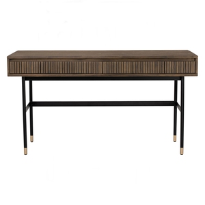 Modern Slatted <b>Wood</b> Office <b>Desk</b> with Industrial Black Metal Frame and Gold-Tipped Legs for Home and Office - Product Image 3