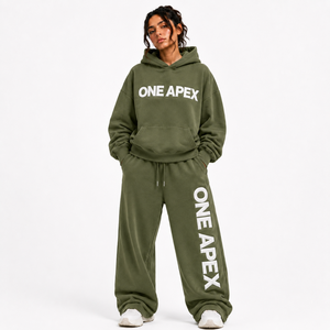 Conjunto Deportivo Unisex ONE APEX Verde Oliva, Sudadera con Capucha Extra Grande, Pantalones Anchos de Algodón Grueso, Ropa Urbana Premium de Secado Rápido - Product Image 1