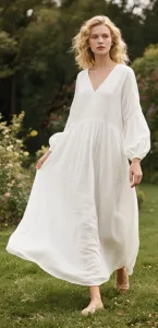 Women White Cotton Maxi <b>Dress</b> V Neck <b>Long</b> Sleeve Loose Fit Flowy <b>Boho</b> Style <b>Dress</b> - Product Image 5