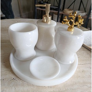 Marble Bathroom Set Four-Piece Round Minimalist Soap Dispenser <b>Toothbrush</b> <b>Holder</b> Tray Easy To Clean - Product Image 2