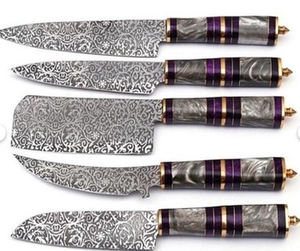 Ensemble de couteaux de cuisine en acier Damas fait main, 5 pièces, avec étui en cuir véritable, comprenant un couteau de chef, un couteau à découper, un couteau à pain, un couteau à steak, un couteau à fruits - Product Image 2