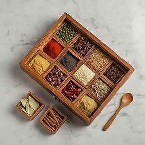 Caja de especias cuadrada de madera con compartimentos de almacenamiento, cuchara de madera, caja de regalo para frutos secos, tamaño personalizado y en oferta. - Product Image 5