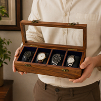 Boîte à montres artisanale en bois de rose à 4 emplacements avec couvercle en verre et quincaillerie en laiton, organisateur en bois pour le rangement, la présentation et les cadeaux de montres et de bijoux