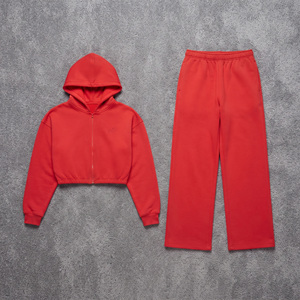 Ensemble de survêtement athleisure deux pièces pour femme OEM, coupe courte, à capuche, avec pantalon large, personnalisable, en tissu épais, zippé, style streetwear - Product Image 3