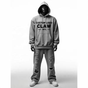 Personalizado de alta calidad de los hombres de invierno de dos piezas holgados pantalones de chándal y Sudadera con capucha conjunto de peso pesado de gran tamaño pulóver con capucha hombres chándales - Product Image 2