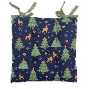 Coussin de chaise matelassé imprimé Noël, bleu marine, motif rennes et sapins, en coton, pour la décoration de Noël à la maison. - Product Image 6