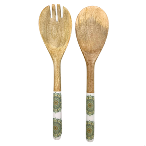 Juego de utensilios para ensalada de madera de mango hechos a mano en India con mango con estampado de esmalte, juego de cucharas para ensalada, utensilios de cocina, cucharas para servir, herramientas para ensalada - Product Image 1