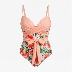 Women Floral Print One Piece Swimsuit Crossed Halter Twist Front High Waist With Bow Detail Stretch <b>Bikini</b> Beachwear - Product Image 1