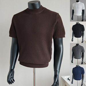 T-shirt d'été tricoté de haute qualité à manches courtes avec col Henley, coupe ajustée et effet sculptant, style <span class=keywords><strong>Old</strong></span> Money - Product Image 1