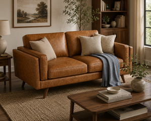 Sofá de Cuero Genuino de Primera Calidad, 2 Plazas, Estilo Moderno de Mediados de Siglo, Sofá de Cuero Cómodo y Muebles de Sala de Estar para Casa o Villa - Product Image 1
