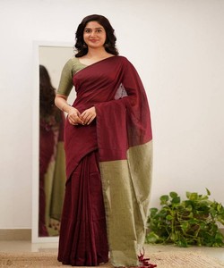 Sari reversible de algodón color granate y verde oliva, ropa tradicional india para mujer, informal, largo hasta el suelo, corte regular. - Product Image 3